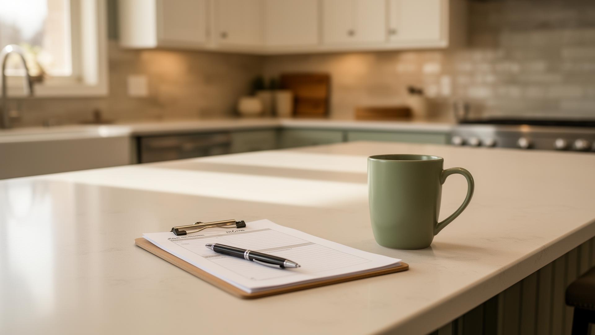 A clipboard, pen, and coffee mug on a clean kitchen island, suggesting a calm walk-through during an inspection.