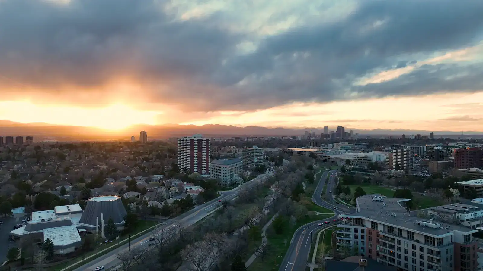 Sunset aerial over the Cherry Creek residential district