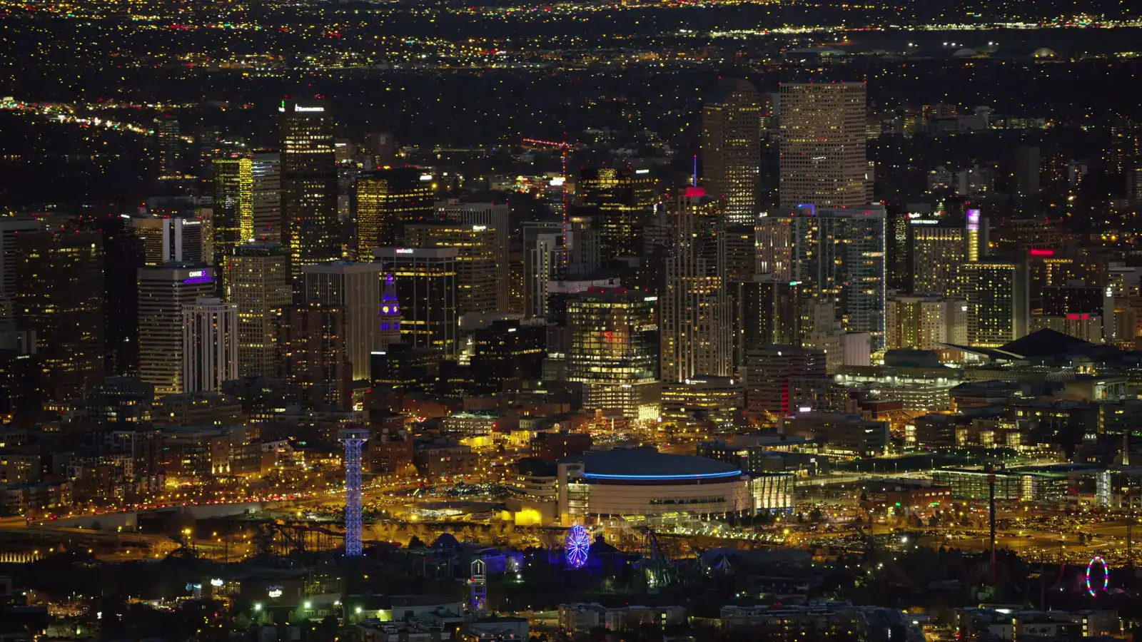 Aerial view of Denver lit up at night