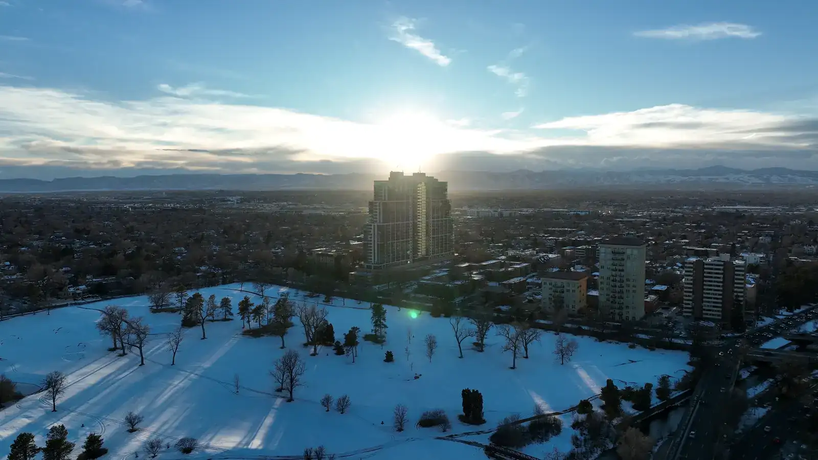 Aerial tracking shot past the Country Club Towers near Cherry Creek